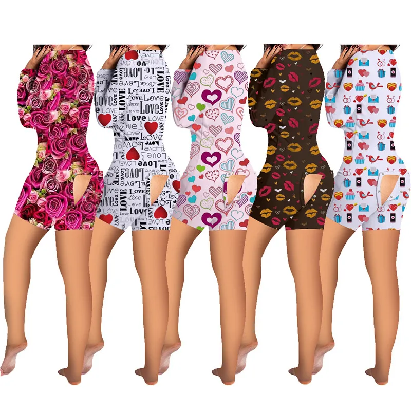 

Wholesale 2022 Valentine Onesises With Butt Flap Long Sleeve Adult San Valentine Pajamas With Butt Flap, 5 colors