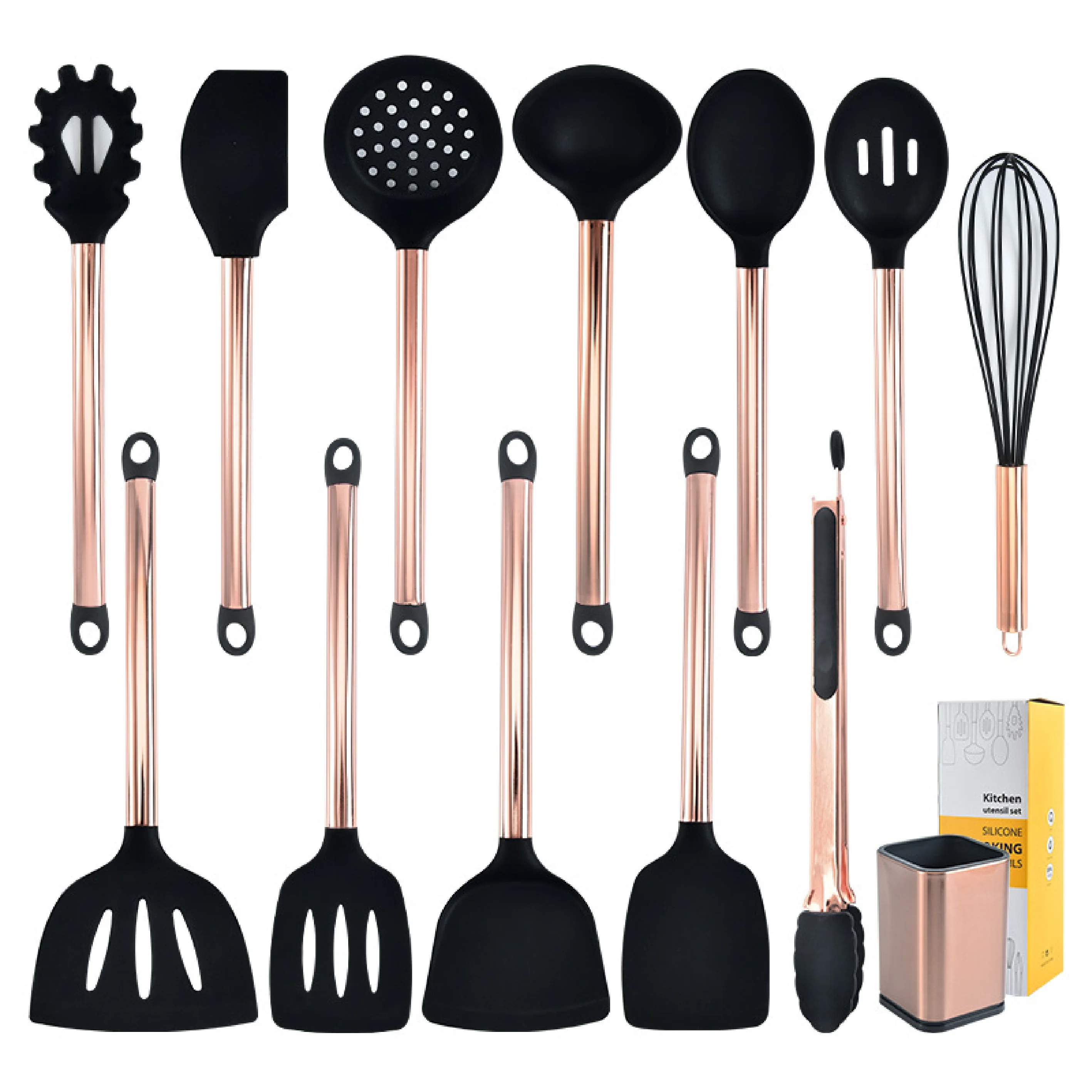 

Rose Gold Silicone Cooking Utensils Set with Holder, Nonstick Cookware Stainless Steel Handle Heat Resistant and Egg Whisk Tong, Customized