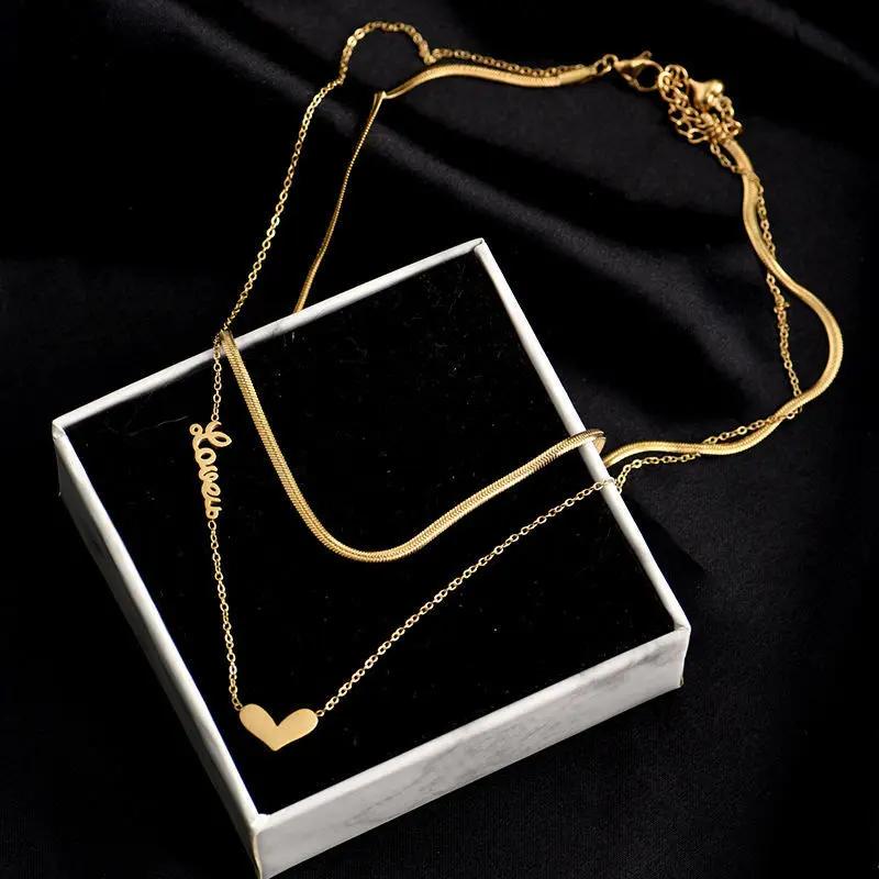 

Multilayer 18k Gold Plated Stainless Steel Love Heart Pendant Necklace Flat Snake Chain Necklace
