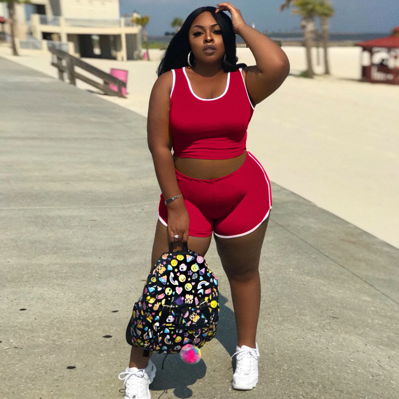 

New product ideas 2021 Fashion Solid Color Sleeveless And Shorts Woman Clothing Plus Size Womens 2 Piece Outfit, Picture shows