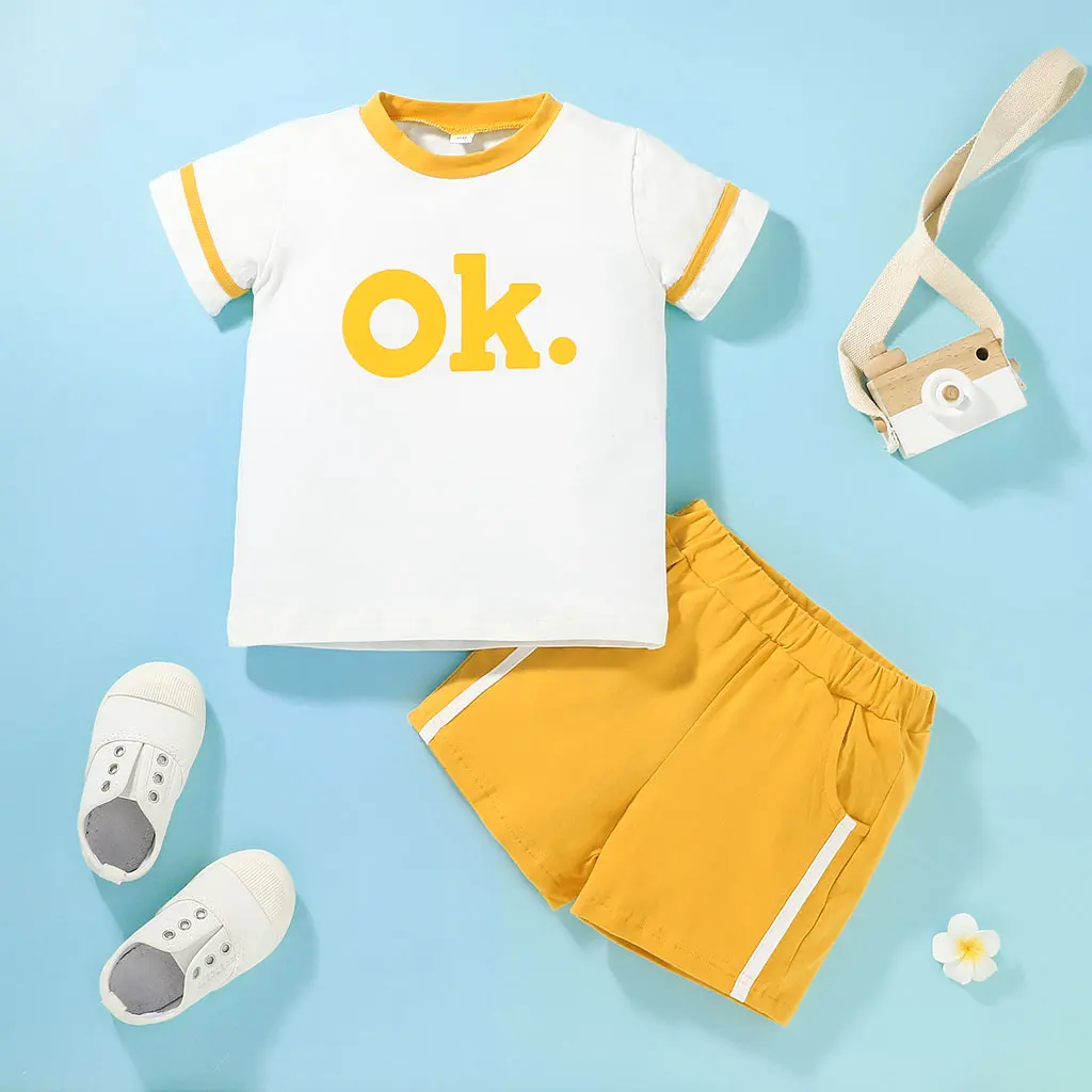 

Fast Delivery Light Color Athlete Style Matching 2pcs Letter Printed Short Sleeve Summer Cotton Children Boy Kids Clothing Set
