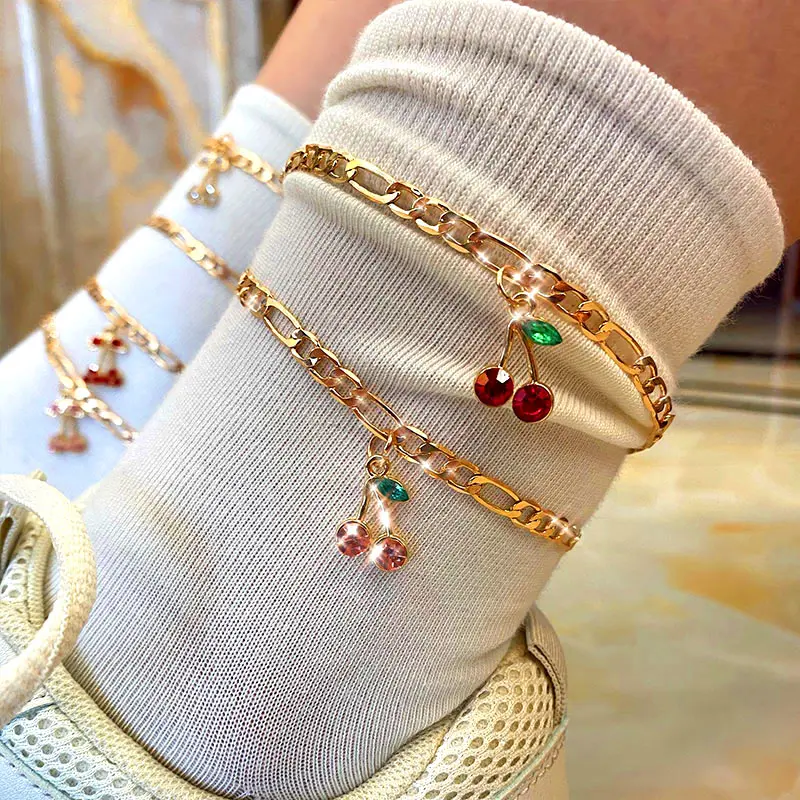 

Korea Cute Fruit Ankle Foot Jewelry For Women Girls Double Layer Gold Plated Figaro Chain Anklet Shiny Crystal Cherry Anklet, Gold color