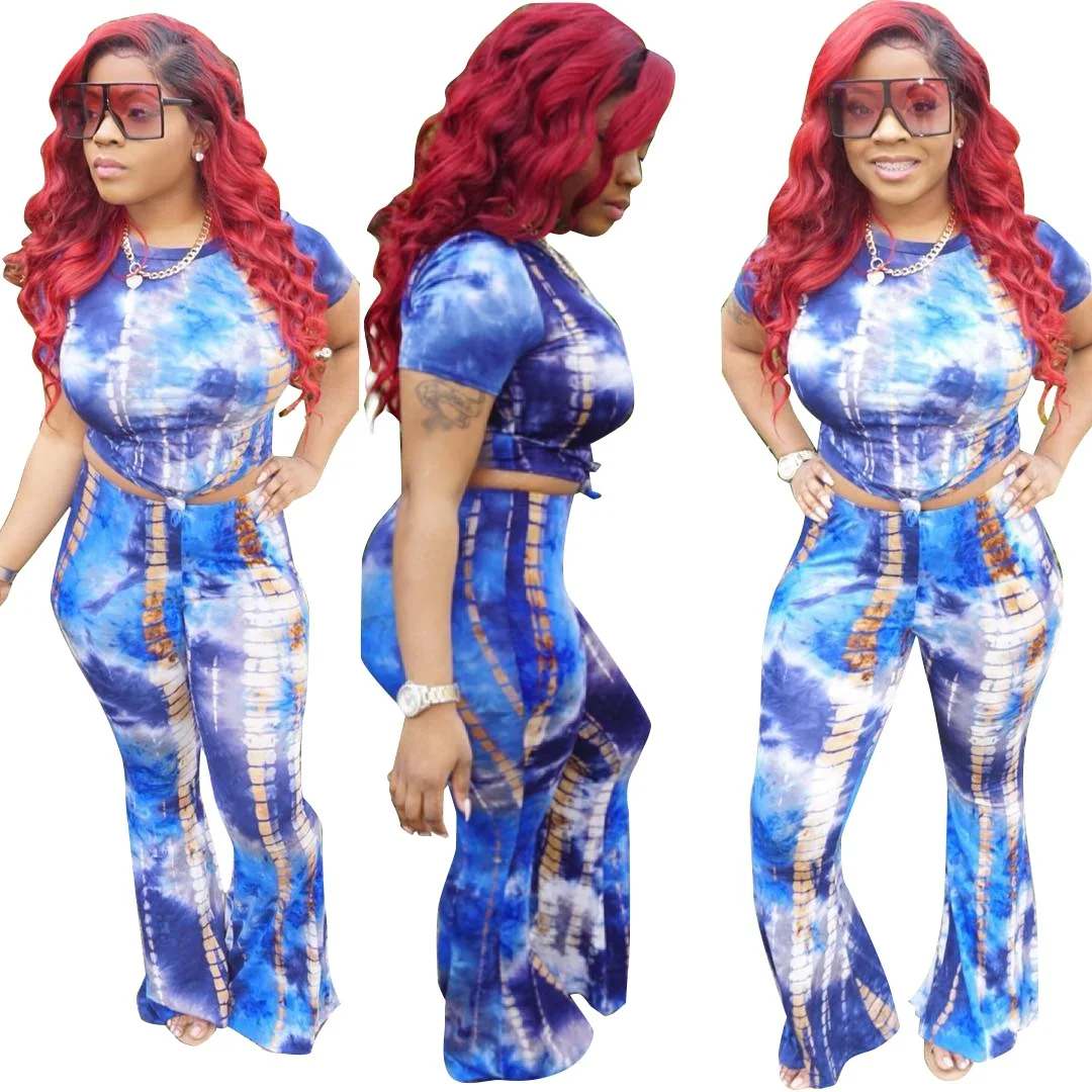 

Fashionable Outfits Printed Cropped Top Short Sleeve 2 Piece Pant Sets Women Flare Pants, As picture