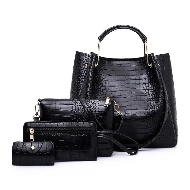 

Designer PU Leather 4pcs Set bucket Crocodile Pattern Composite Bag Shoulder Crossbody Bag Small Purse Handbag Set for Women, Black/pink/red/white/blue