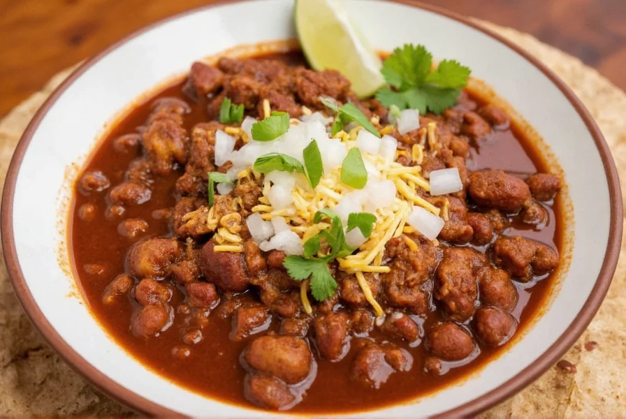 Brisket chili served in white bowl with queso fresco topping, chopped onions, and lime wedge on wooden table