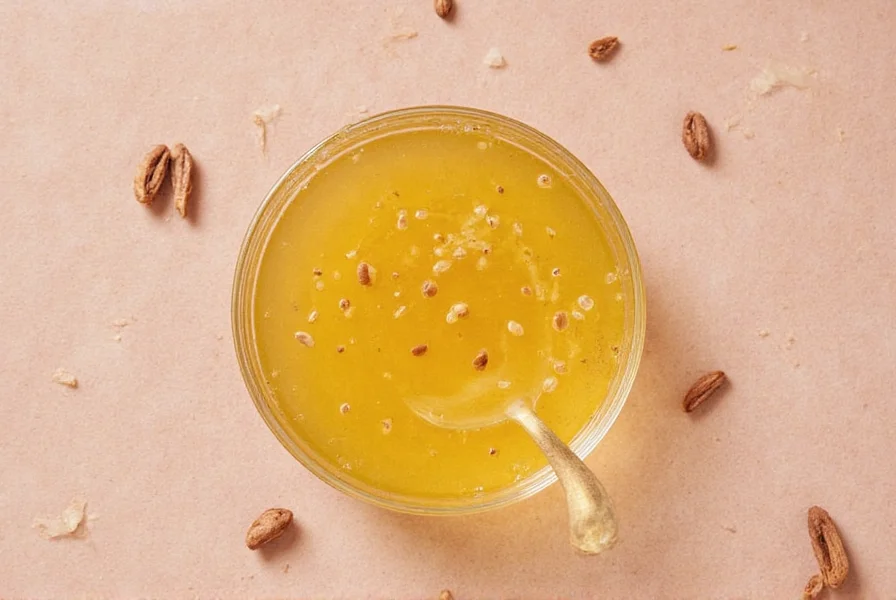 A clear glass jar filled with golden chicken stock
