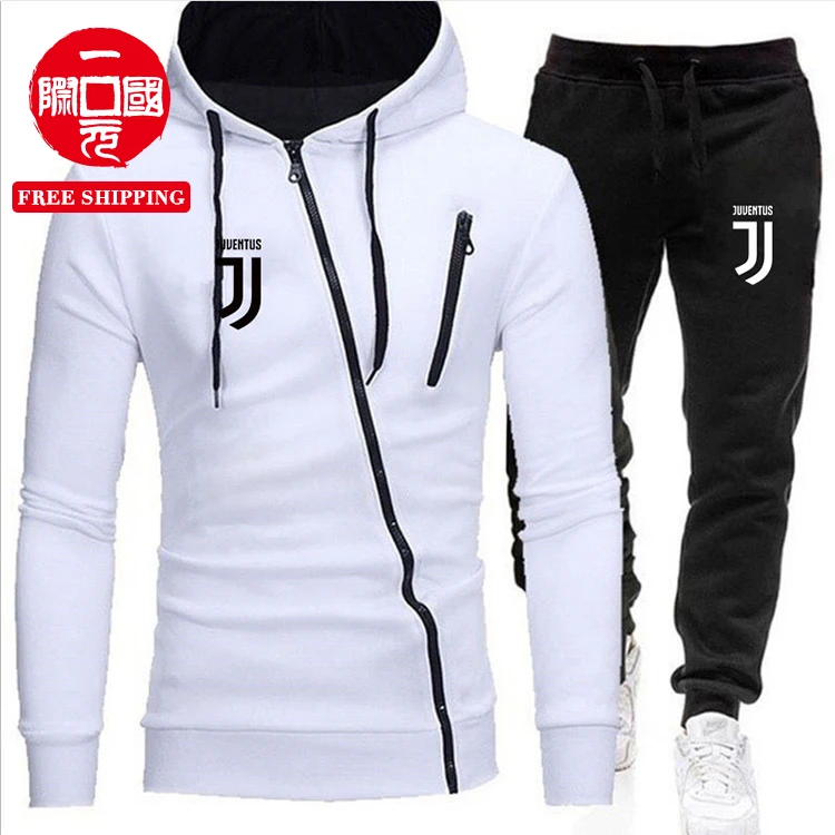 

Men's sports suit cardigan hooded diagonal zipper casual sweater two-piece suit