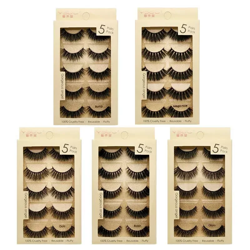 

Hot Selling Customized 5pair Full Strip Lashes Vegan 5D Private Label Faux Mink eyelashes, Natural black