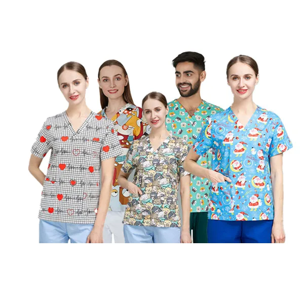 

Full printing logo Men Women Dental clinic nurse doctor medical Pet hospital cotton scrubs top Wholesale