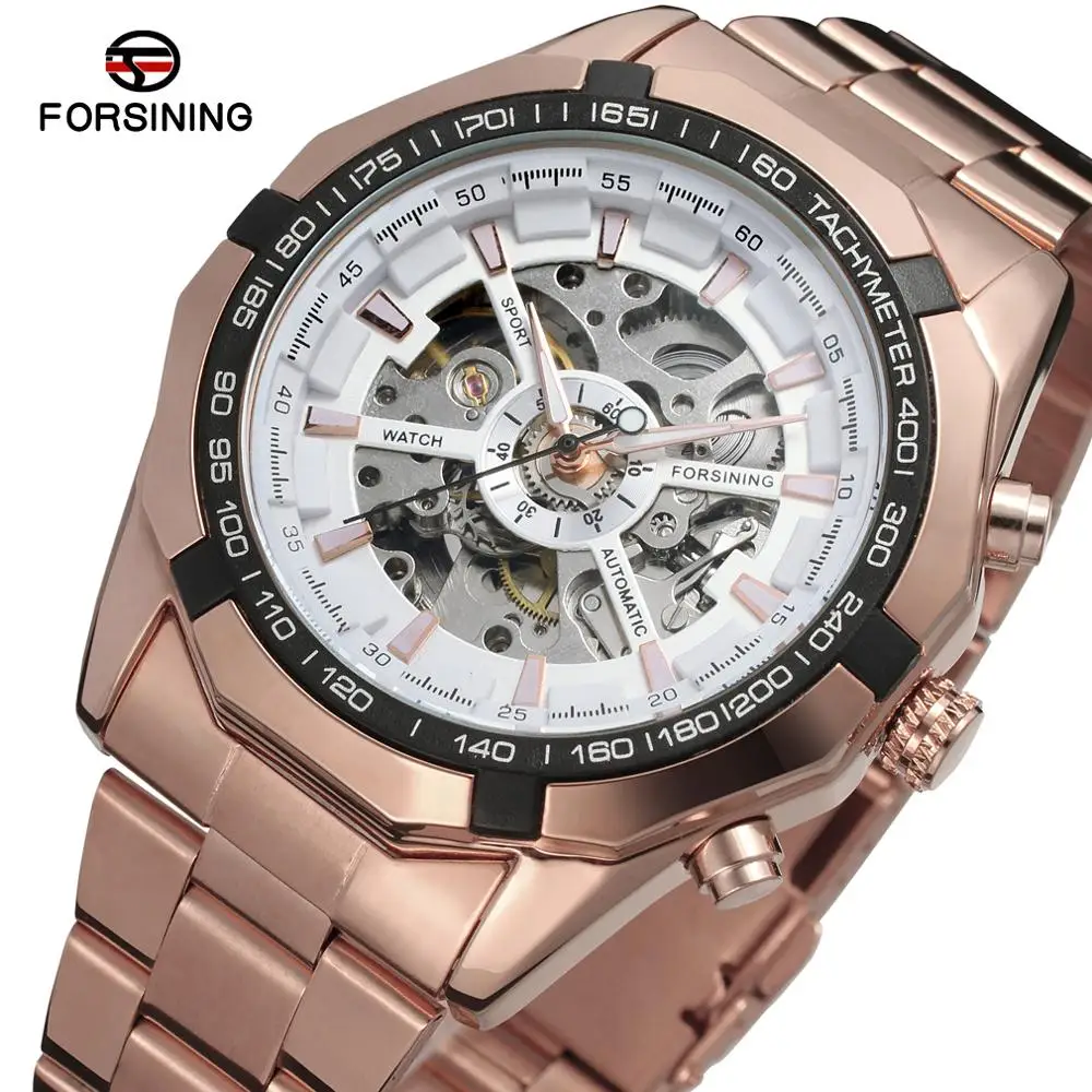 Forsining Wrist Watches Armbanduhr OEM Rose Gold Men Luxury Brand Automatic Custom Logo Gold Mechanical Skeleton Mens Watch
