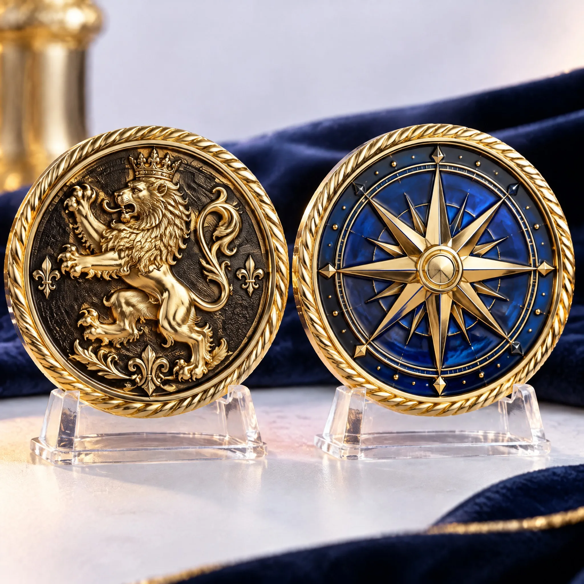 Dual-Faced Brass Coin with 3D Sculpted Lion and Deep Blue Enamel Compass