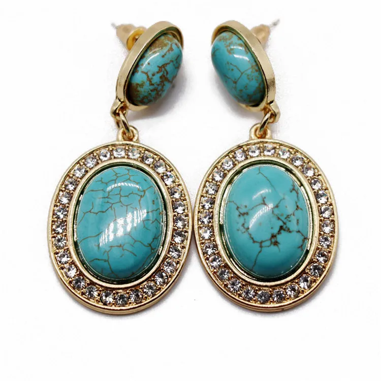 

Diamond Pave Fine Jewelry Gift Double Oval Full Crystal Gold Edge Birthstone Earrings Big Natural Turquoise Gemstone Earrings, Picture