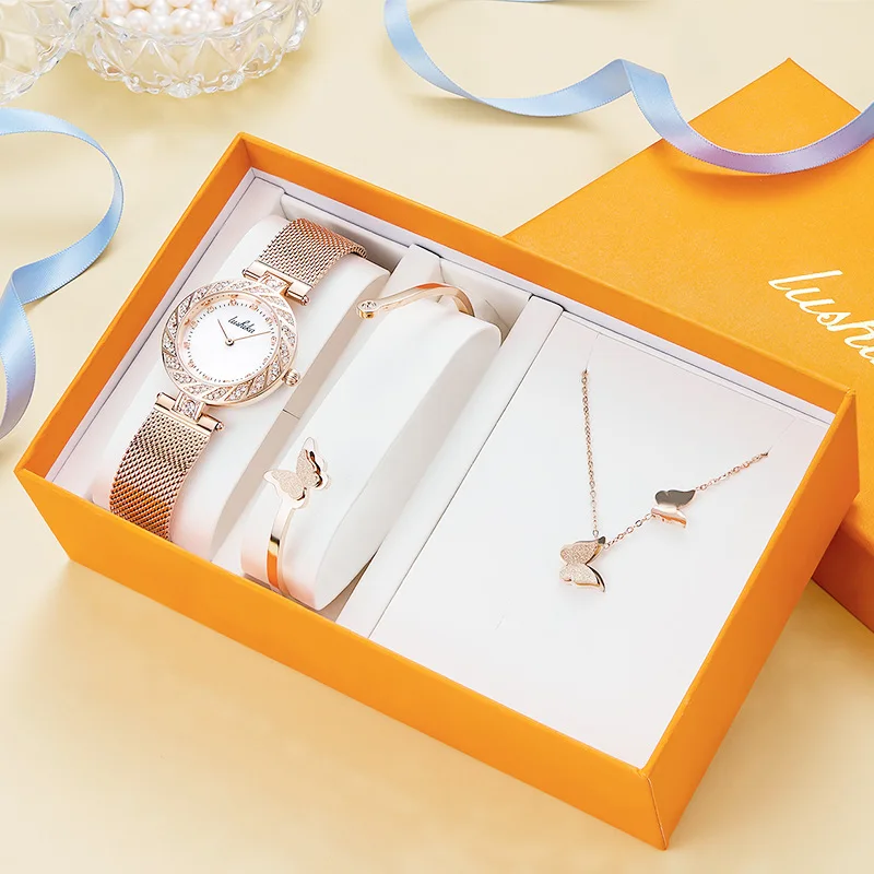 

Luxury Women Ladies Fashion Rose gold Strap Square Diamond Quartz Wrist Bracelet Watches Gift Set