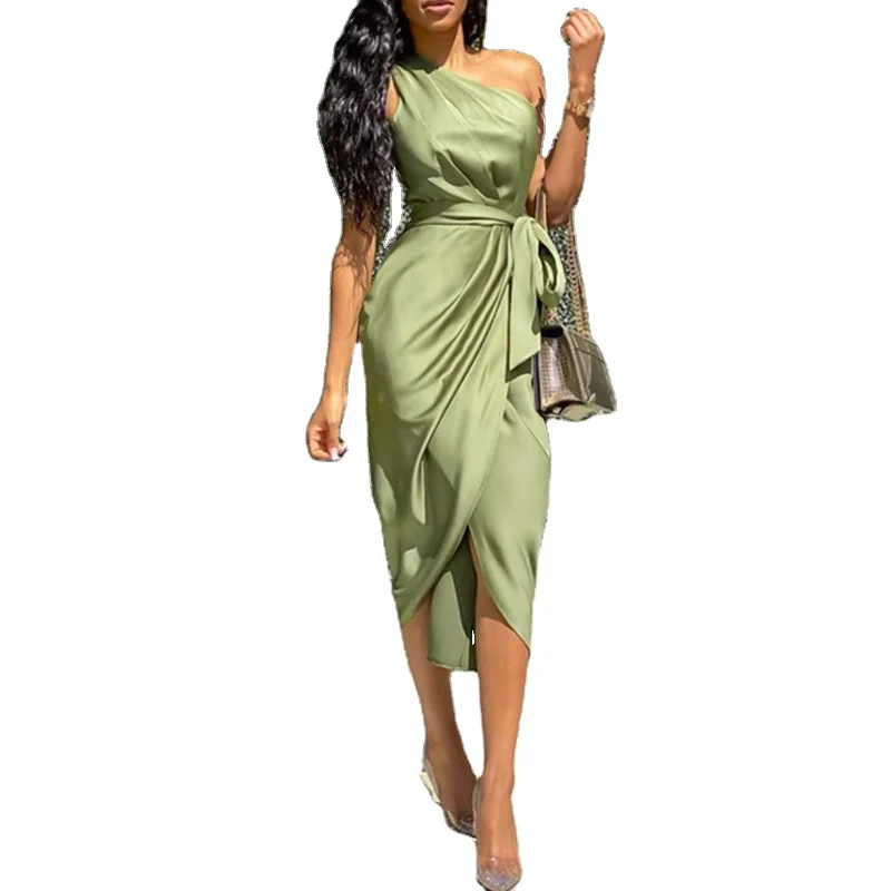 

Fashion high end women simple sexy strap button satin dress Strapless maxi dress