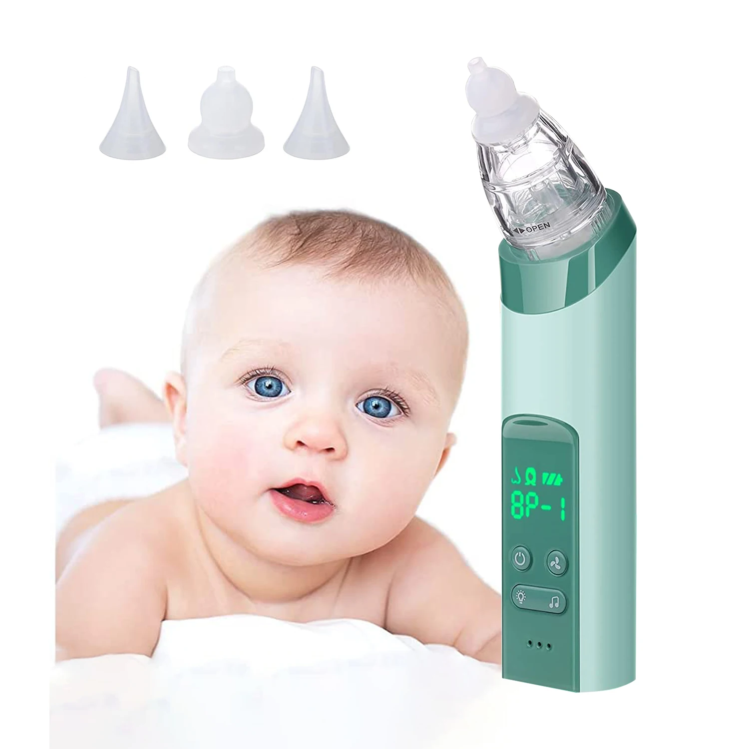 

Newborn Safe Electric Vacuum Mucus Neonatal Infant Bebe Baby Nose Cleaner Silicone Nasal Aspirator Nose Cleaner With Light, Gray/green