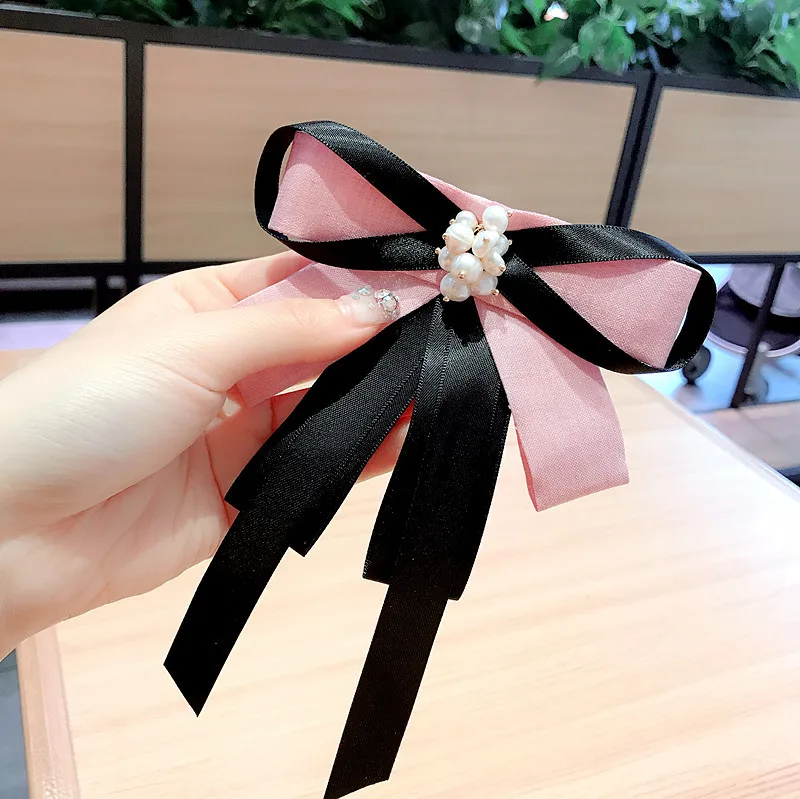 

Fairy large pink white girls long silk fabric ribbon bow butterfly big bowknot brooch necktie necktie women pearl beads brooch, Picture