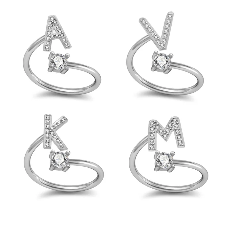 

Letter Initial Alphabet Rings A-Z Silver Cuff CZ Letter Ring Adjustable Ring for Women Girl