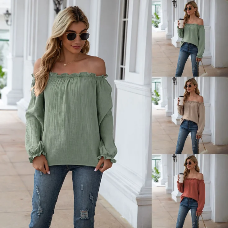 

2021 linen cotton elegant woman tops fashionable off shoulder long sleeve plain color elegant shirt blouse for women