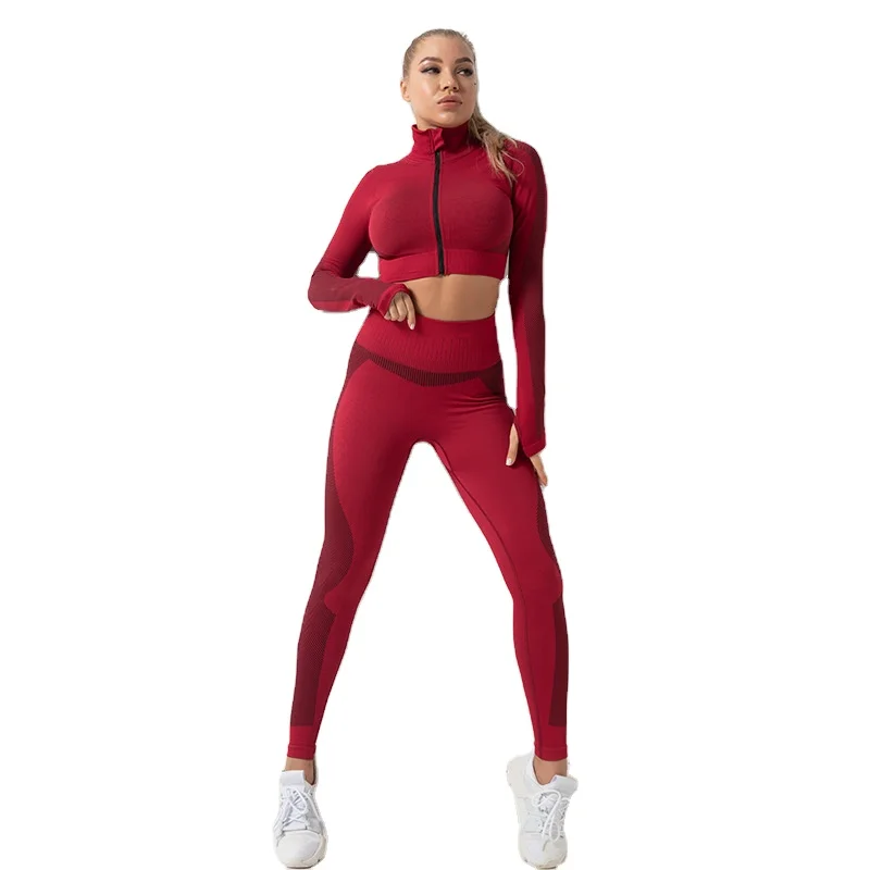 

Fall and Winter seamless workout training standing collar zip up women jacket yoga set