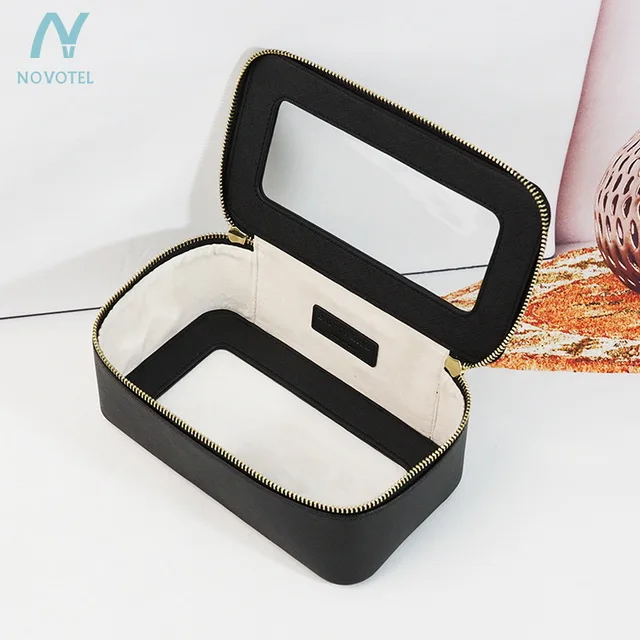 

2021 luxury quality saffiano leather blamk clear TPU window zipper black and gold cosmetic bag, Brown, red, customized color