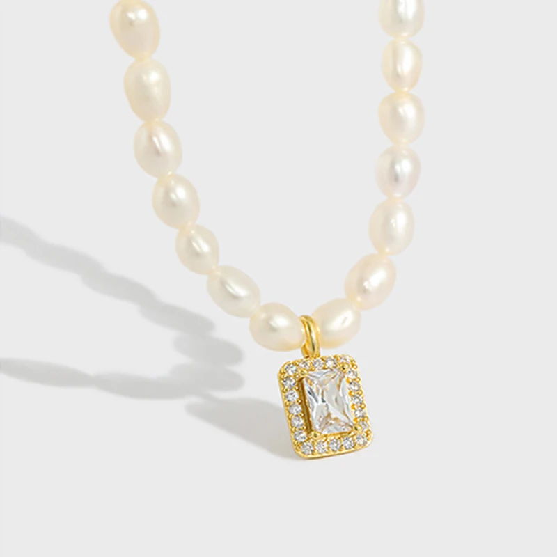 

Fashion accessories women sparkling square zircon pendant pearls necklace sterling silver 925 gold plated jewelry for ladies