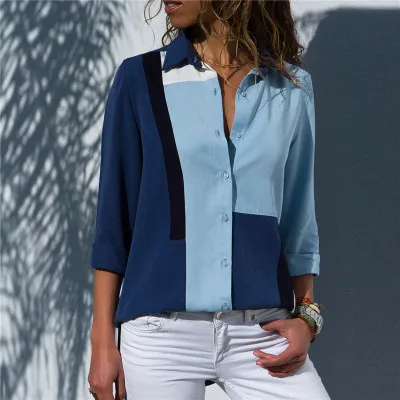 

F20965A Amazon Hot style long sleeve printed blouse shirt chiffon tops for women, Blue, white