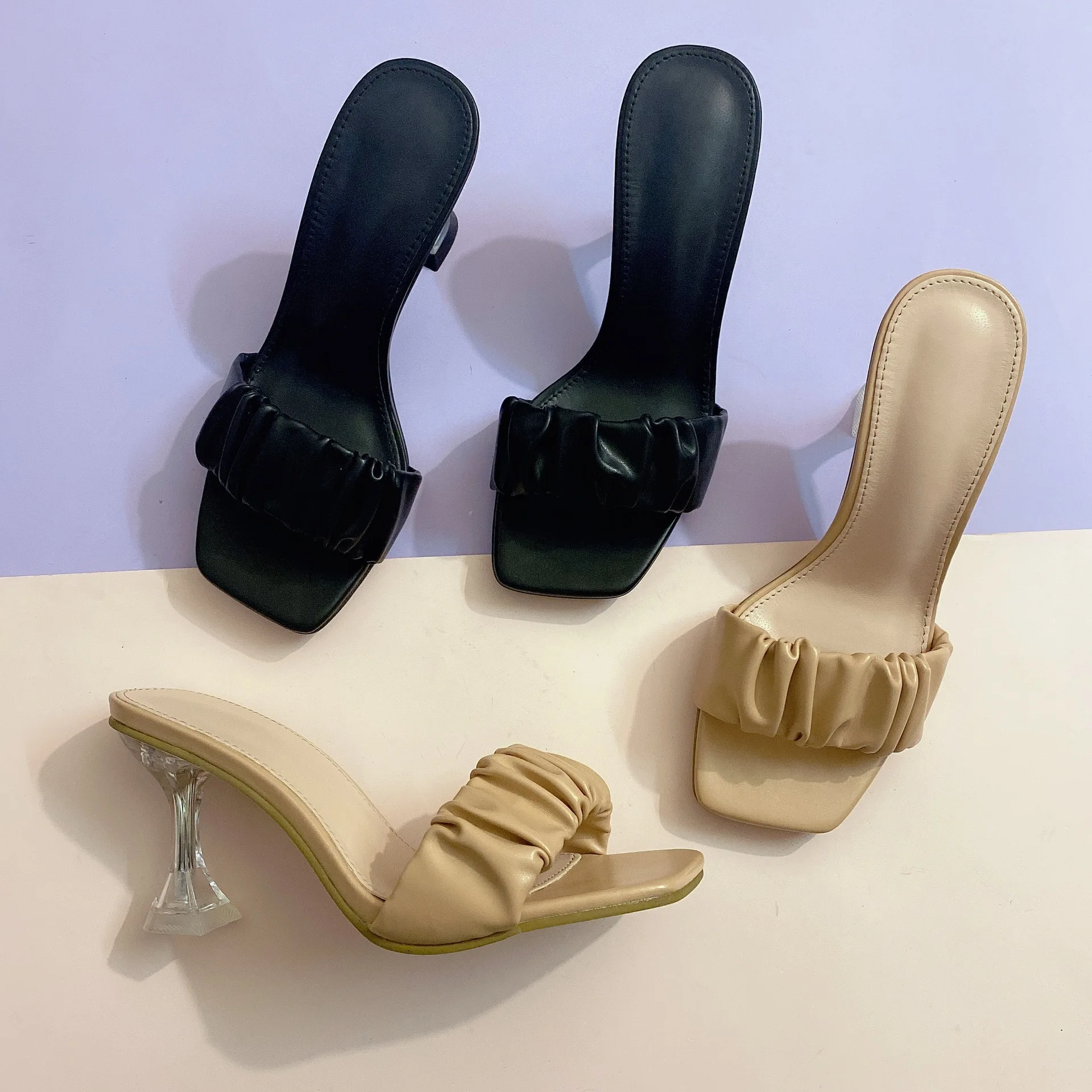 

Dropshipping Slide Heels Sandals For Women Fashion Outdoor Walking High Heel Shoes, Beige,black