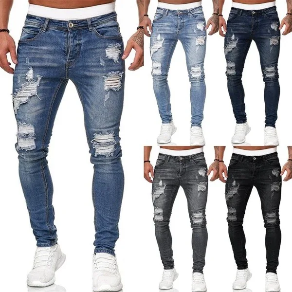 

New Arrival Pantalons Men's pants Ripped Slim Denim Trousers Distressed Feet Pants Mens Jeans, 5 colors