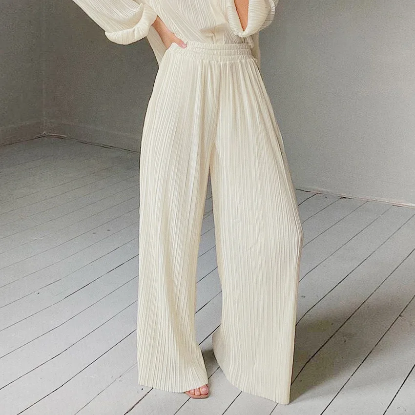 

Khaki Pleated Wide Leg Pants Women Trousers Elegant Casual Palazzo Pants Elastic High Waist Ruched Oversized Pants Ladies