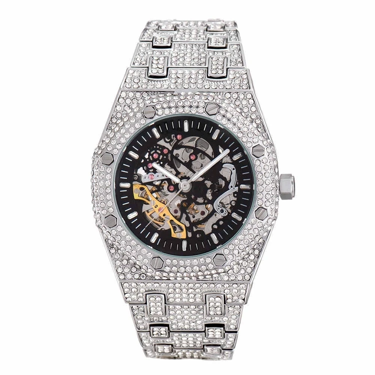 

Blues RTS Supplier HipHop Luxury White Gold Baguette Gemstone Automatic Mechanical Watches, Gold watch/silver watch/gold silver watch/black silver watch