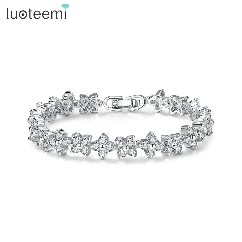 

LUOTEEMI White Gold Plated Four Leaves CZ Flower Connected Women Bride Bracelet