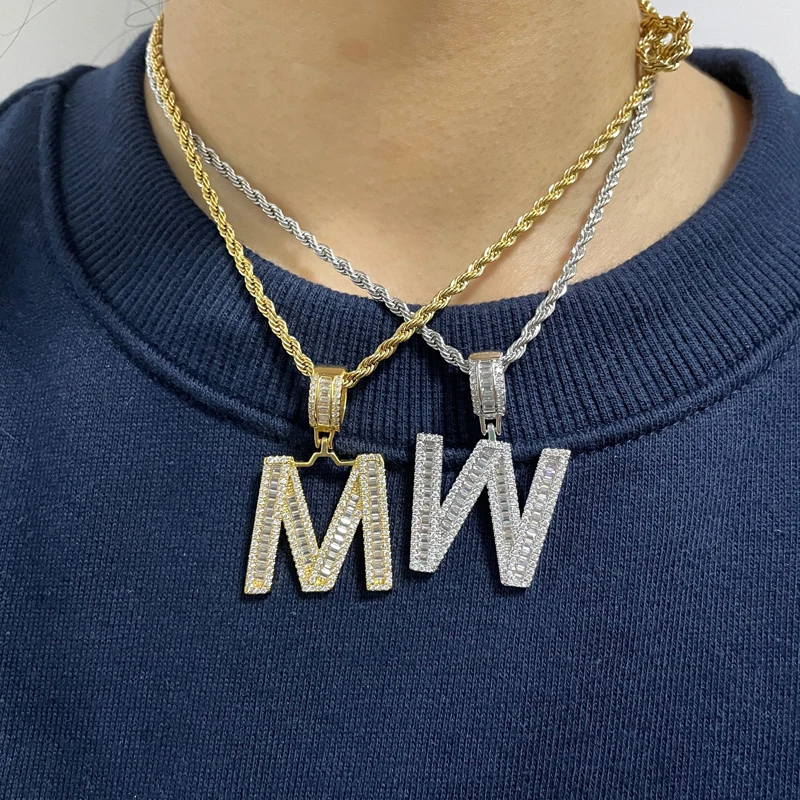 

Custom Name HipHop Jewelry 26 Iced Out Diamond Cursive Baguette Letter Name Bling Pendant Necklace