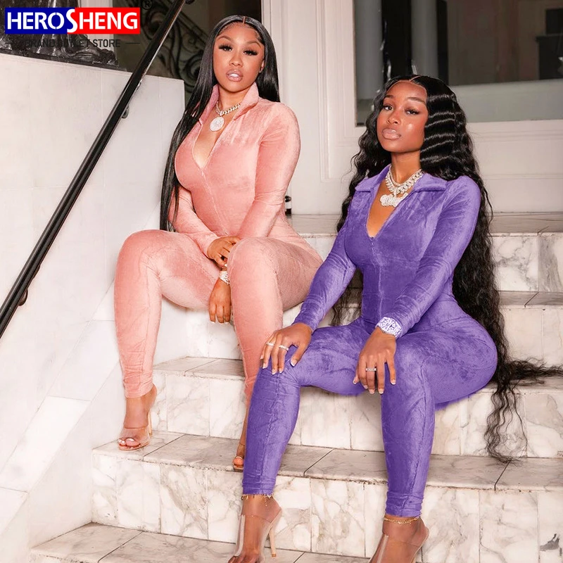 

2021 Women Fall Pant Velvet Tracksuit Jumpsuit V Neck Bodysuit One Piece Leggings Fitness Yoga Velour fall womens jumpsuits, 3 colors