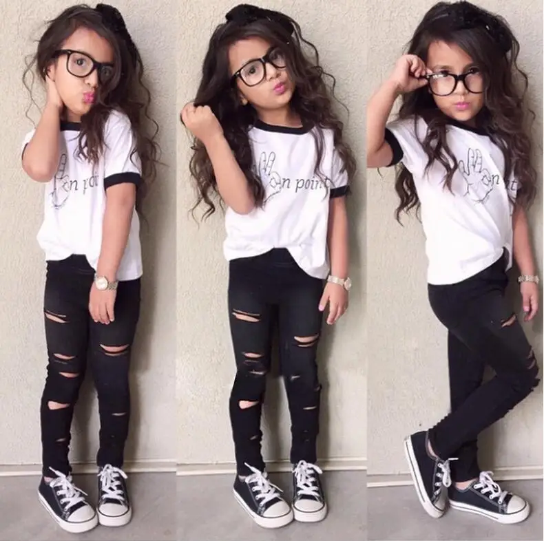 

Summer Girls' Clothing Hip Hop Sets White T-shirts Black Ripped Pants 2-Piece Set For Kids