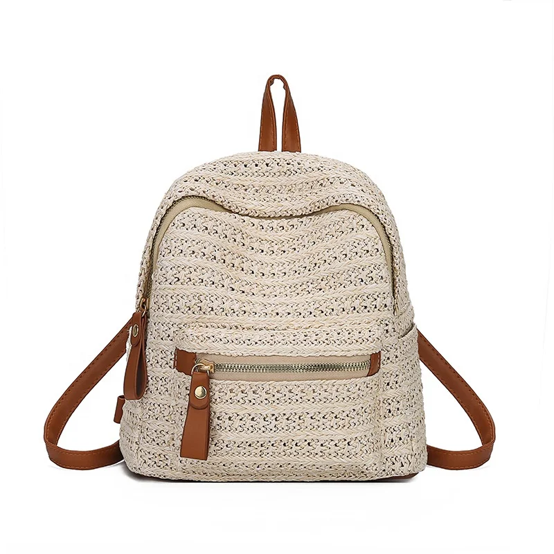 

Fashion Portable Travelling Ladies Woven Shoulder School bag Girls Leisure Beach Small Straw Backpack For Summer, Beige, khaki