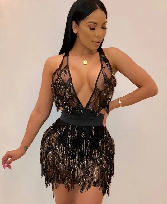 

Whole sale Glitter V Neck Halter Backless Sleeveless Back strap sequin dress