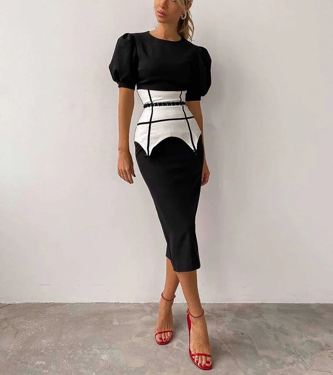 

Wholesale Spring Women Clothing Puff Sleeve Slim Office Lady Elegant Black Midi Dress High Waist White Casual Dress With Girdle, Black & white & pink