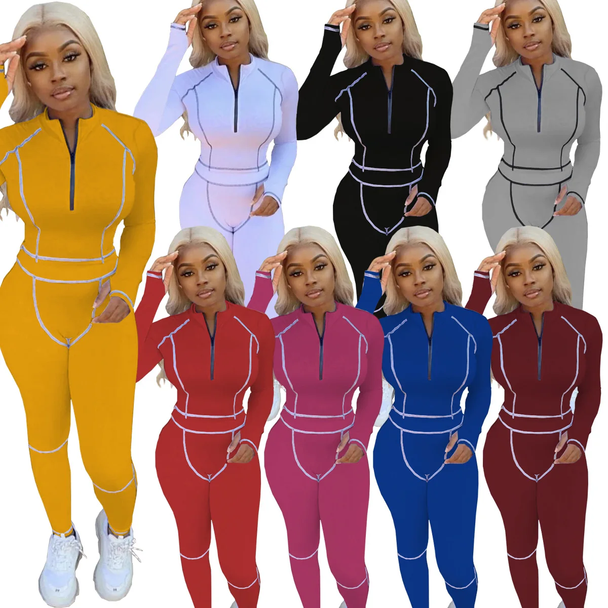 

High Neck Ribbed Outfits Custom Logo Embroidery Zipper Jogger Fall Women Clothing 2 Piece Set Sweatsuit Tracksuits For Women, Solid
