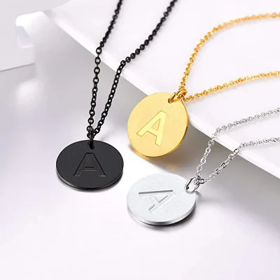 

Round Pendant Necklace Letter Initial Necklaces Stainless Steel Collars Wholesale Jewelry for Women, Silver,gold,black
