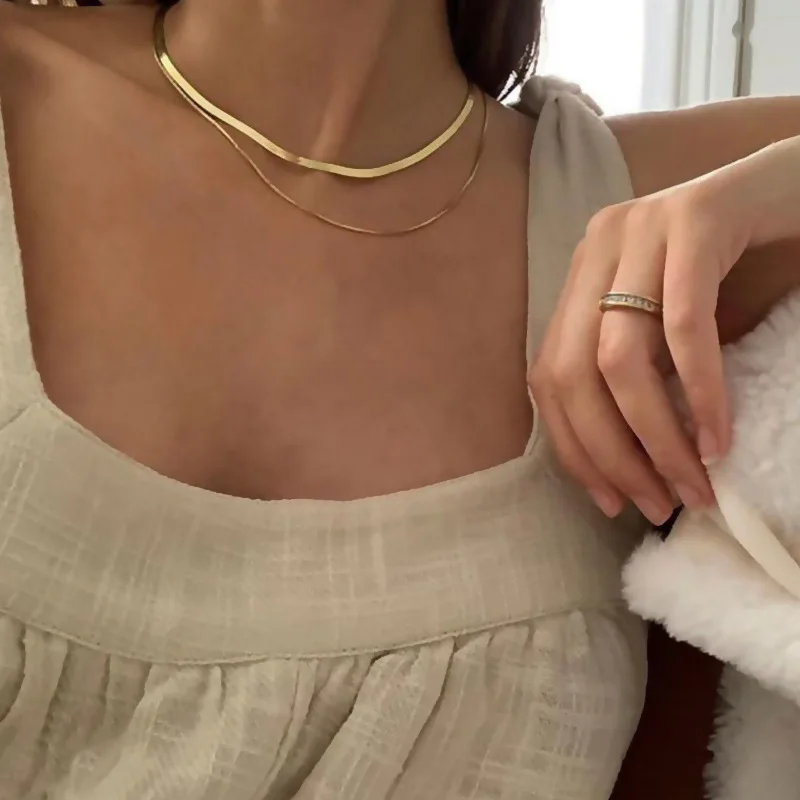 

Stainless Steel Wide Flat Herringbone Chain Necklace Filmy Snake Chain Bone Necklace Women Gift Jewelry