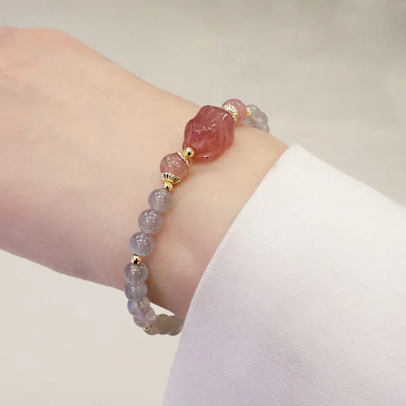 

GT Natural Crystal Beaded Bracelets Cute Rabbit Charm White Moonstones Beads Bracelets for Women Jewelry, As picture