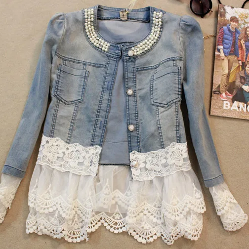 

Wish Eaby Best Style Women Lace Jeans Jacket Oversized Bead Denim Jacket, Blue