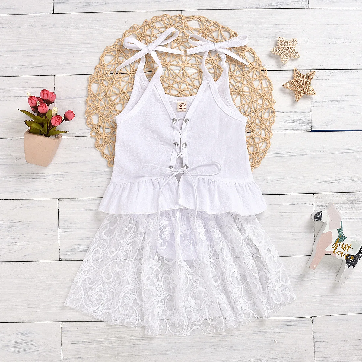 

New Kids Pure Color Sling Top Lace Embroidered Skirt Two Piece Suit