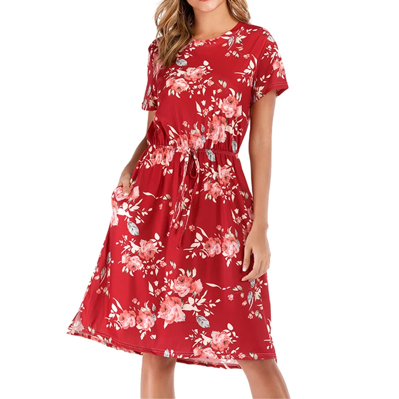 

New Fashion Women Summer O-neck Soft Short Sleeve A-line Flower Printing Drawstring Elastic Waist Casual Dress