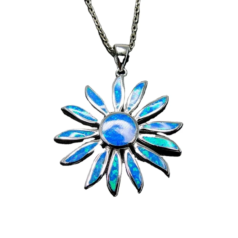 

New Hawaiian Style Blue Synthetic Opal Jewelry Opal Pendant Sun Flower Shape 925 Silver Jewelry Pendant