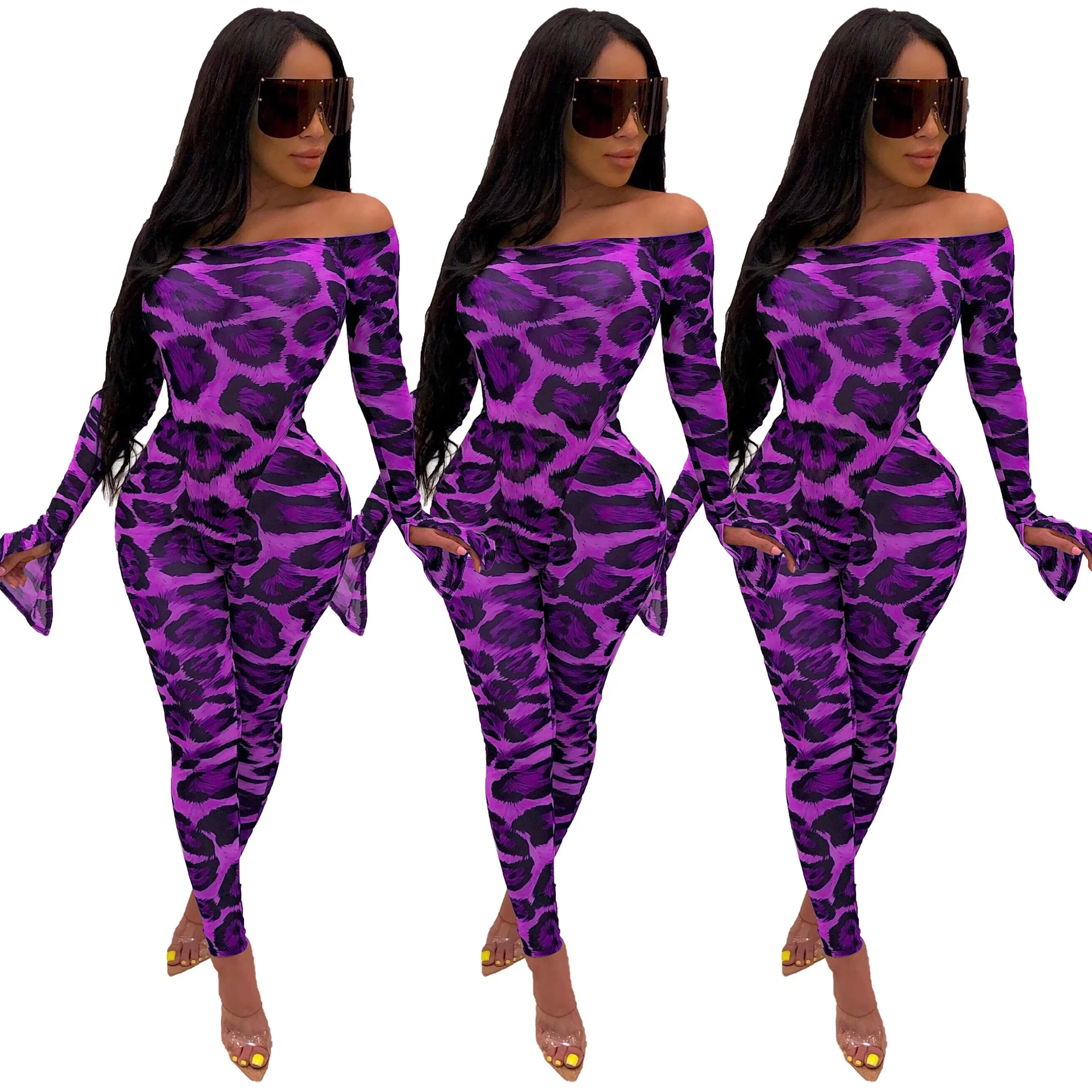 

Women's Casual Slash Neck Off Shoulder Full Bell sleeve Two Piece Sets Sheath Outfit 2019 Printed Leopard 2 Piece sexy pants set, Women's sexy pants set