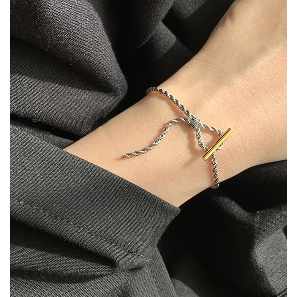 

Two Tone Toggle Clasp Knotted Bracelets Bar Circle Twisted Rope Chain Bracelets for Women Minimalist Double Plated Jewelry Hot, Gold silver