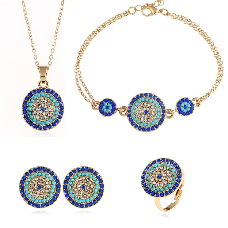 

Jewelry Necklace Micro Pave Blue Cubic Zircon Turkish Devil Eye set, Gold