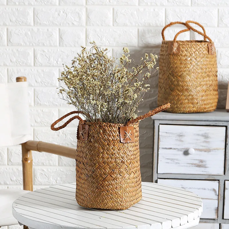 

2 Pcs/Set Natural Seagrass Woven Flower Basket Pot Vase Laundry Home Storage Baskets Organizer With Handle Decoration