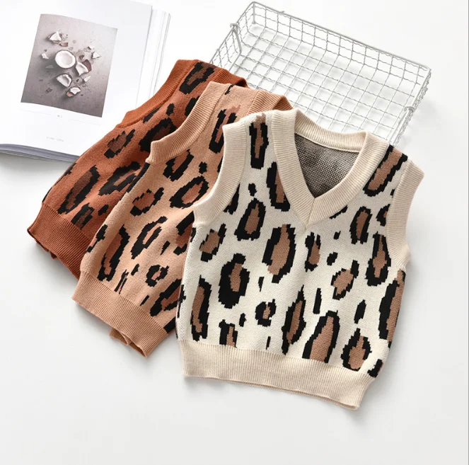 INS Trendy Girls Sleeveless Vest Sweater Classic Leopard Jacquard Children Wear Knitted Sweater Vest, As picture